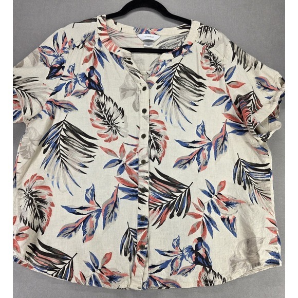 CJ Banks Tops - Womens Linen Rayon Blend Top 1X Palm Leaves CJ Banks Coastal Resort Vacation